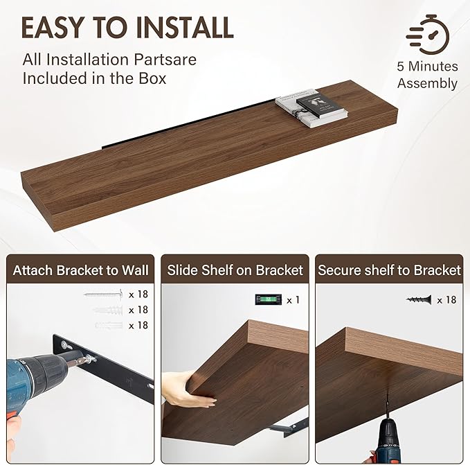 55 Inch Floating Shelves, 12" Deep Floating Shelf Wall Mounted, 55" Wall Shelves, Rustic Deep Bookshelf, Extra Deeper & Thicker Display Shelves for Bedroom, Living Room, Walnut, Set of 2