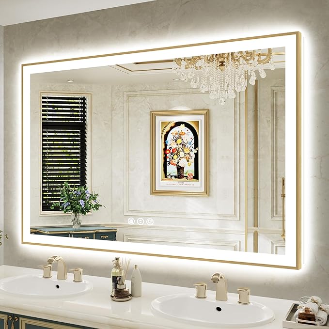 60x40 Inch LED Bathroom Mirror with Lights (Front Lit and Backlit) Gold Framed Lighted Vanity Mirror for Bathroom Wall Dimmable Anti-Fog Memory Tempered Glass Horizontal/Vertical