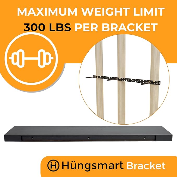 HÜNGSMART 48 Inch Wooden Floating Shelf – Supports 300lbs – 10 inch Deep - Carpenter Designed - Engineered Wood 4 foot Long - Black Stained Walnut Finish – Includes Laser Welded Precision Wall Bracket