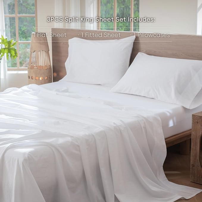 MooMee Bedding Sheet Set 100% Washed Cotton Linen Like Textured Breathable Durable Soft Comfy (Solid Bright White, Twin)