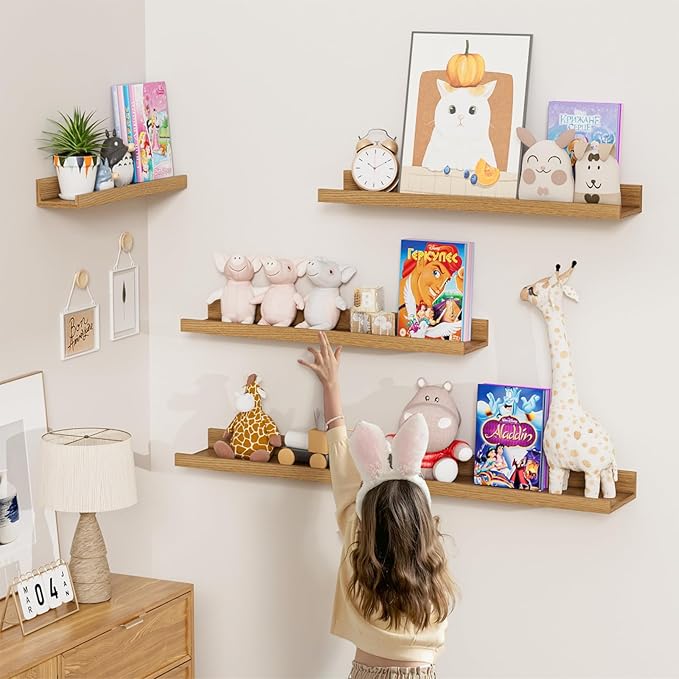 Heimlove 24 inch Picture Ledge Shelf Set of 8,Long Floating Shelves for Wall,Oak Picture Shelf with Lip for Wall Decor,Living Room Bedroom Bookshelf Photo Frames Nursery Book Shelves for Storage