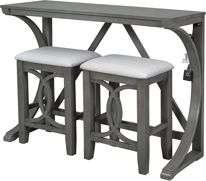 VilroCaz Farmhouse 3-Piece Counter Height Dining Table Set with USB Port and 2 Upholstered Stools, Rustic Dining Set Bar Set for Dining Room Kitchen (Gray-R)