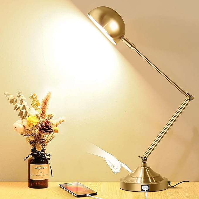 TOBUSA Architect Gold Desk Lamp Dimmable with USB Port, Adjustable Touch Control Vintage Desk Lamp 3 Color Modes, Brass Metal Desk Lamp Retro Style Reading Light for Home Office Desk Bedside Table