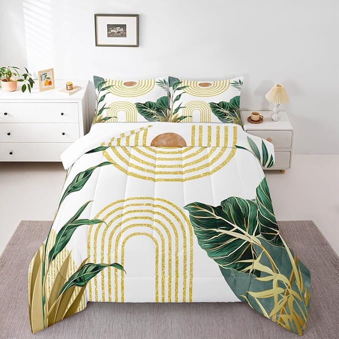 Erosebridal Modern Boho Green Comforter Minimalist Mid Century Toddler Bedding Set Simple Aesthetic Art Bedding for Kids Adults Minimalism Plant Duvet Insert 2Pcs Room Decor