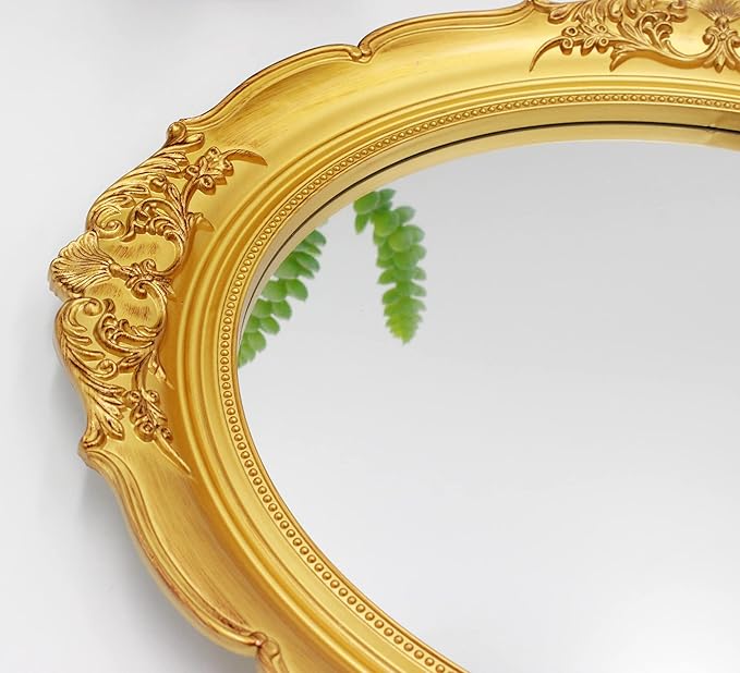 Eaoundm 13.1 x 14.8 inchs Decorative Wall Mirror,Vintage Hanging Mirrors for Bedroom Living-Room Dresser Decor Oval (Gold)