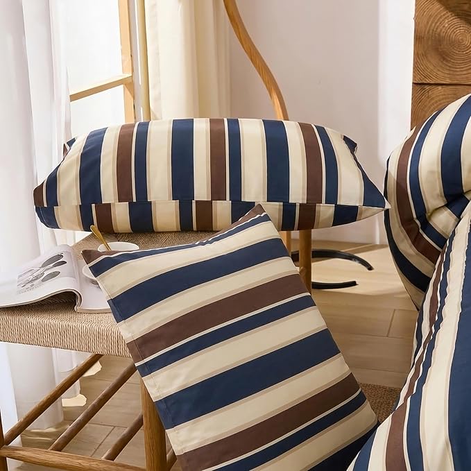 Merryword 100% Cotton Duvet Cover Set King Size - Vintage Blue Cabana Striped Bedding Set with Zipper & Corner Ties, 3-Piece Luxury & Silky Soft Bedding Set for All Seasons