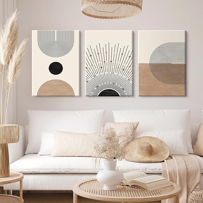 Mid Century Modern Wall Art Set of 3 Neutral Boho Art Prints Abstract Geometric Wall Art Picture Black Beige Terracotta Minimalist Painting Canvas Artwork for Living Room Bedroom 16x24 Inch Wrapped Canvas