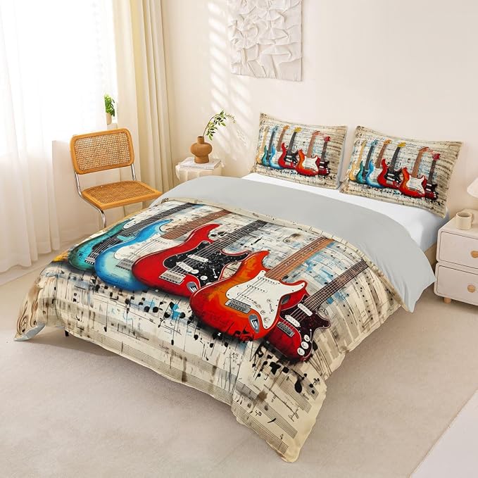 Erosebridal Chic Guitar Comforter Cover Full Retro Musical Staves Pattern Bedding Set Rock Music Lovers Room Decor Duvet Cover,Rustic Musical Notes Bed Set