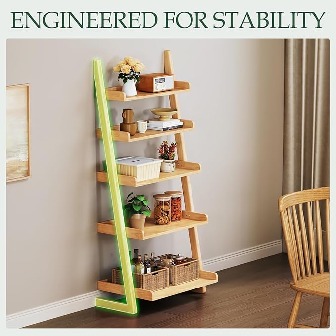 5-Tier Wooden Natural Ladder Shelf - Solid Wood Leaning Bookshelf Shelves, Leaning Bookcase for Saving Space, 55" H Book Shelf for Living Room & Bedroom & Home Office