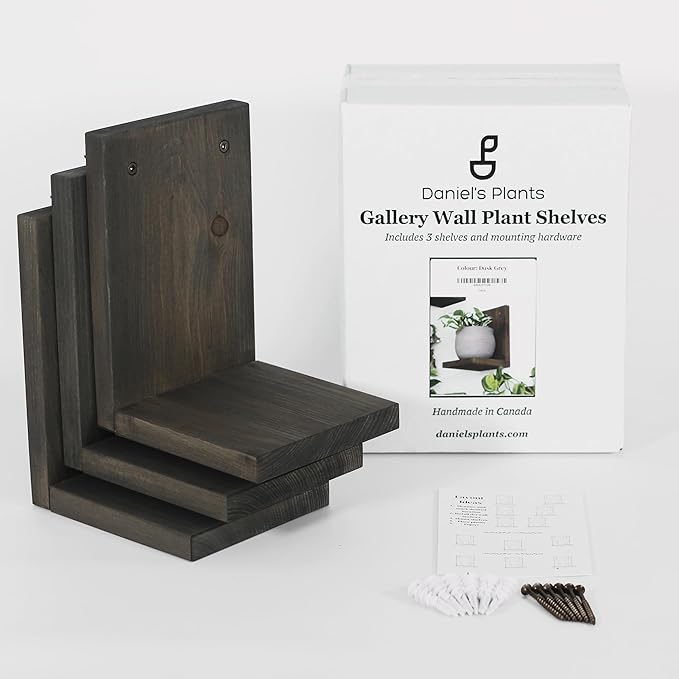 Daniel's Plants 3-Pack Mid-Century Modern L-Shaped Floating Shelves | Solid Wood Plant Wall Shelf Kit | Dusk Grey
