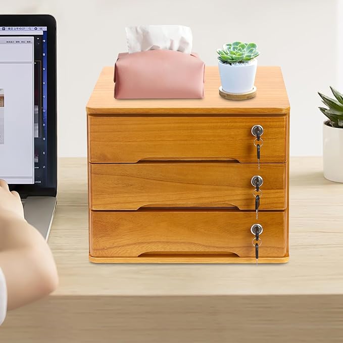 Desktop File Organizer with Lock, 2/3/4 Tier Multi-Drawer Wooden Storage Cabinet, Office Supply Organizer for Home Desk, Study & Workplace (Brown, 3 Layers)