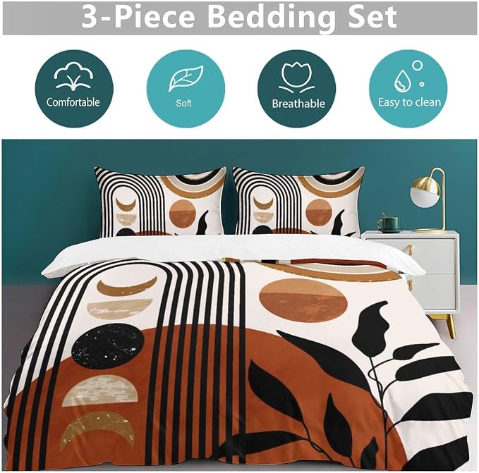 Mid Century Moon Phase Duvet Cover Sets Boho Modern Palm Leaves Arch Minimalist Printed Lightweight Soft Quilt Cover Soft Microfiber 3 Piece (1 Duvet Cover 79x90in + 2 Pillow Sham 20x30in)