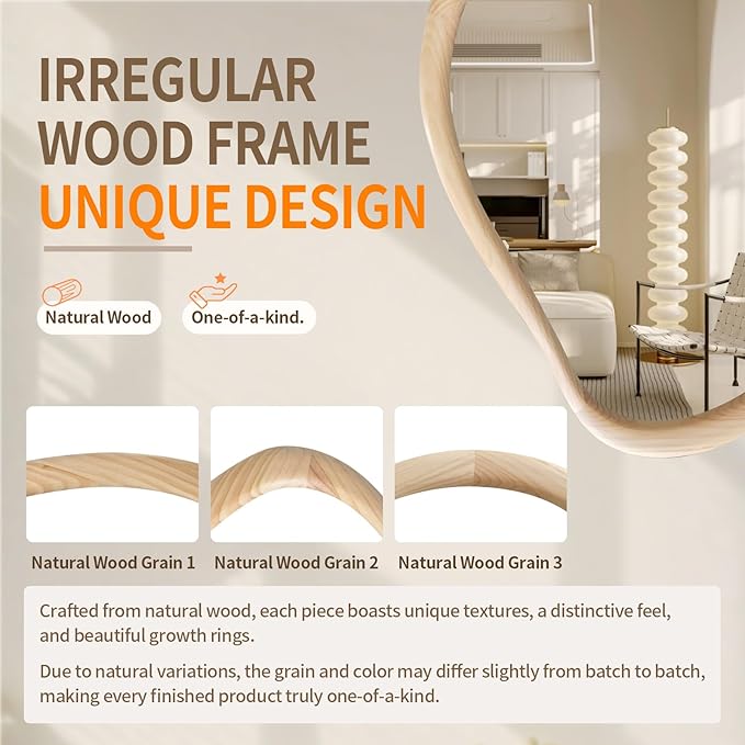 Irregular Wall Mirror with Wood Frame, 35" x 24" Natural Wood Asymmetrical Mirror, Decorative Mirrors for Bedroom Living Room Entryway Hallway Cloakroom, Shatterproof, Horizontal/Vertical