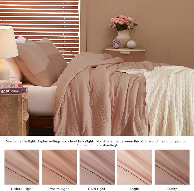 WRENSONGE King Size Comforter Set - 3 Pieces Dusty Pink Comforter Prewashed Soft Lightweight for All Seasons,Fluffy Down Alternative Comforter King Size with 2 Pillow Shams