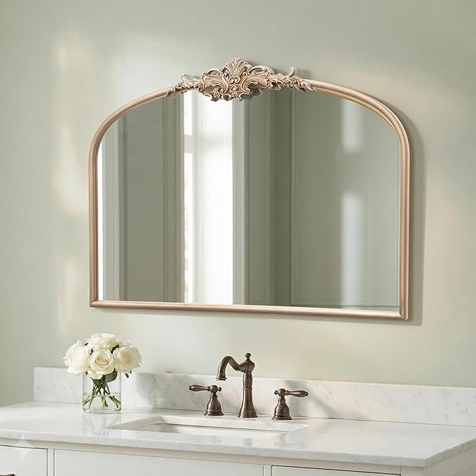 Besdomus Arched Vintage Gold Mirror: 32"x24" Large Champagne Gold Antique Wall Mounted Mirror - Baroque Traditional Ornate for Fireplace/Bathroom/Living Room - Wall Decor for Fashion-Conscious