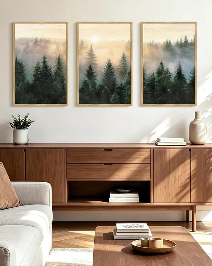 KUVIOKE Sun Dawn Fog Pine Tree Framed Wall Art Morden Nature Nordic Forests Artwork Bedroom Decor 16x24in (Natural Framed)