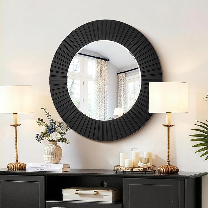 Chende 36'' Black Circle Mirror for Bathroom, Large Round Mirror with Wood Frame, Elegant Accent Rustic Black Mirrors for Living Room, Dining Room, Bedroom, Entryway