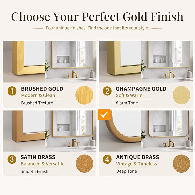 30x36 Inch Antique Gold Bathroom Vanity Mirrors | Flush Mount Deep Set Metal Wall Mirror for Over Sink | HD Shatterproof Glass, Rustproof | 1 Pack