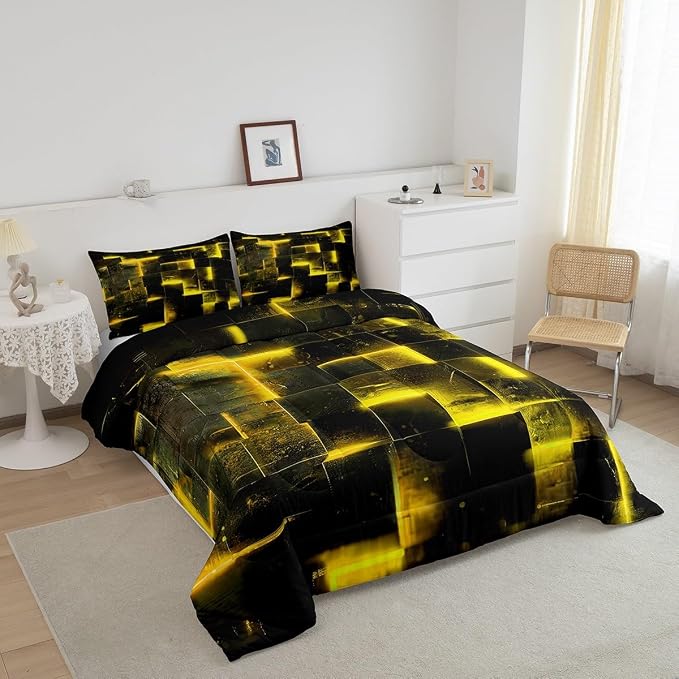 Yellow Black Bedding Twin 3D Glowing Buffalo Twin Comforter Set Modern Abstract Art Bedding Comforter Sets Geometric Plaid Duvet Insert, Gradient Futuristic Cubes Down Comforter (Black Reversible)