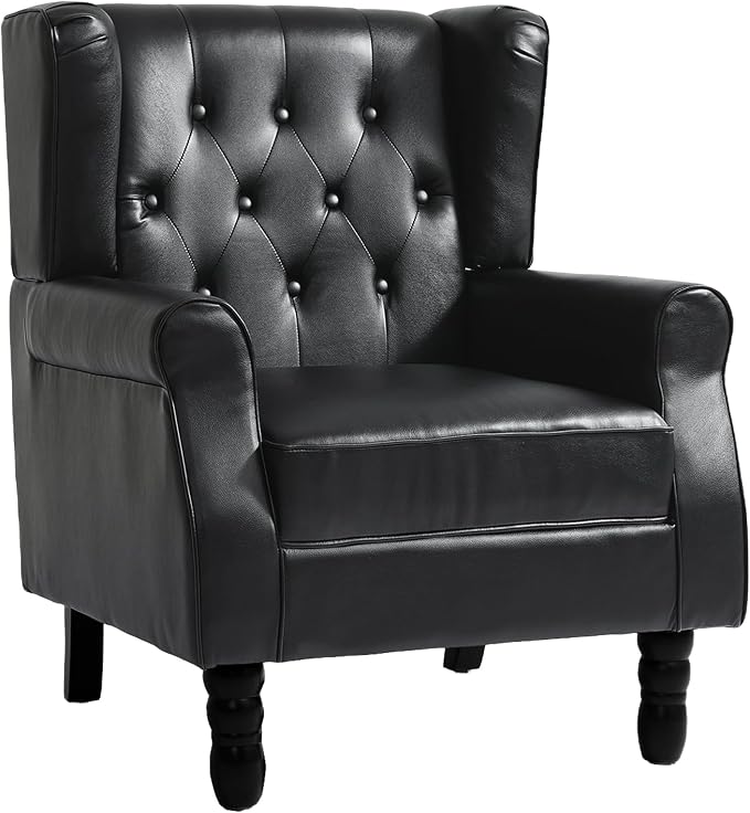 Faux Leather Accent Chair, High Back Wingback Chair Upholstered Armchair for Living Room, Comfy Single Sofa Bedroom Reading Seat with Solid Wood Legs - Black