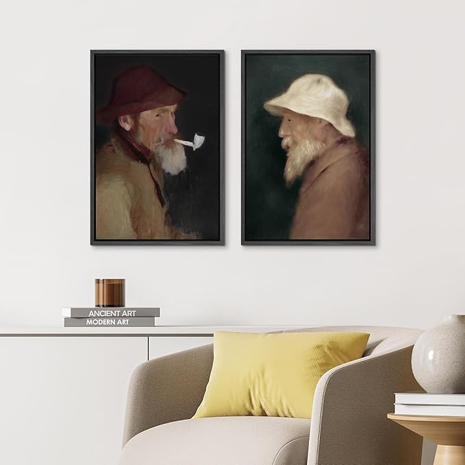 IDEA4WALL Framed Canvas Print Wall Art Set Vintage Old Fishermen Portrait Rustic Illustrations Modern Art Decorative Bohemian Calm/Zen for Living Room, Bedroom, Office - 16"x24"x2 Black