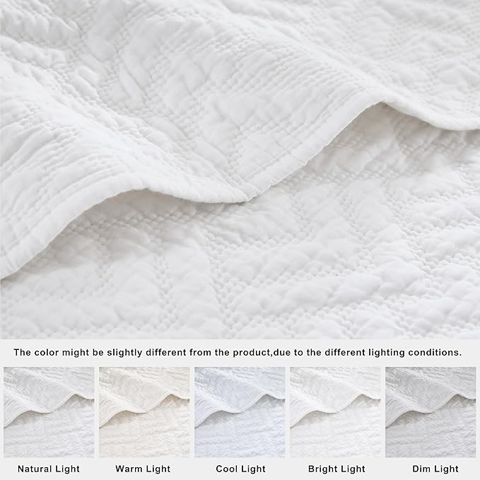 palassio White 100% Cotton Quilt King Size Bedding Sets with 2 Pillow Shams, Lightweight Textured Farmhouse Country Bedspread Soft Shabby Chic Patterned Coverlet for All Season, 3 Pieces