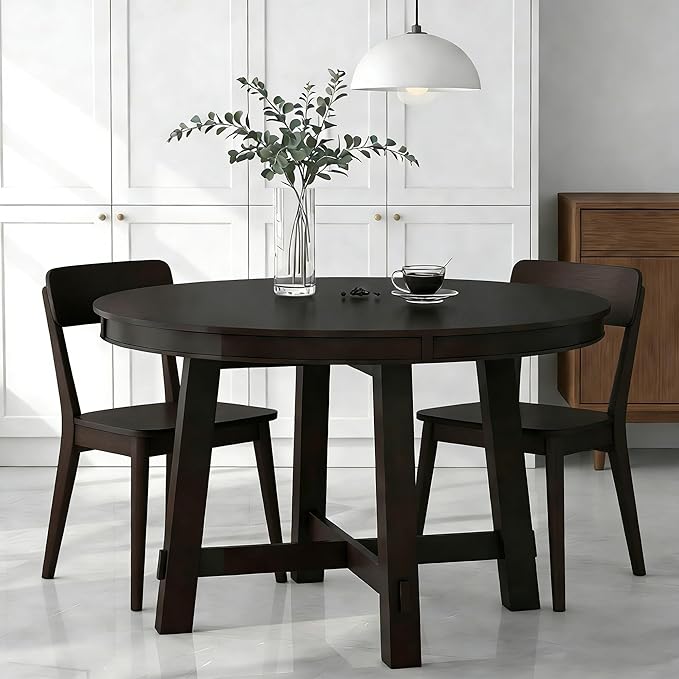 Bellemave 42"-58" Extendable Dining Table for 4-6, Solid Wood Oval Dining Kitchen Table with Removable Leaf, Farmhouse Circle Desk for Kitchen Living Room Space Saving (Espresso)