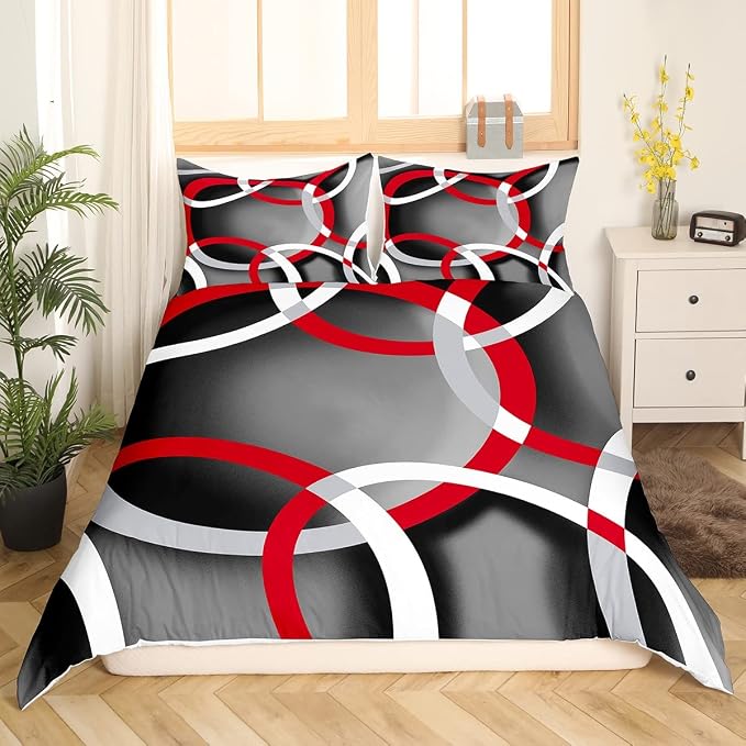 Feelyou Geometric Bedding Set Modern Retro Circle Grommet Comforter Cover for Kids Adult Abstract Stripe Line Art Duvet Cover Grey Red Black White Stripes Swirl Bed Set 2Pcs Twin Size (No Comforter)