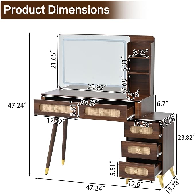 Boho Brown Vanity Desk with Mirror and Lights, Wooden Vanity Desk with Drawers & Shelves, 3 Lighting Modes Makeup Vanitys Tables for Bedroom, Dressing Room, Adjustable Brightness (Dark Walnut)