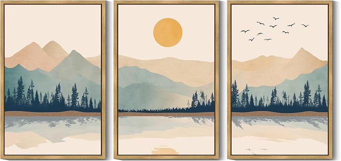KUVIOKE Mountain Landscape Framed Canvas Wall Art Watercolor Nature Laker Painting Sun Rises Boho Farmhouse Rustic Room Decor for Bedroom Dining Room 24x36in (Natural Framed)