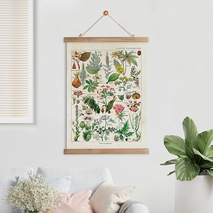 XIAOAIKA Vintage Botany Poster with Wooden Frame, Antique Poisonous Plants Chart - Botanical Educational Art with Dangerous Species - Retro-Style Wall Hanging for Home Classroom Decor 12 x 16 Inches