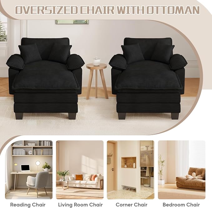 Chaise Lounge Chair Indoor, Oversized Accent Chairs with Ottoman, Luxury Corduroy Upholstered Deep Seat Sleeper Sofa Reading Chairs and A Half with Pillows for Living Room, Bedroom, Apartment, Black