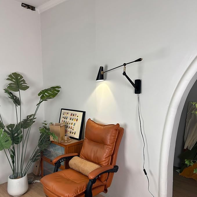 Adjustable Directional Plug in wall Light Swing arm, Unique Long Pole wall Lamps for Living Room Sofa Background Wall, Movable Retro Style Dining Table Large wall Mount lamp, E26 Base