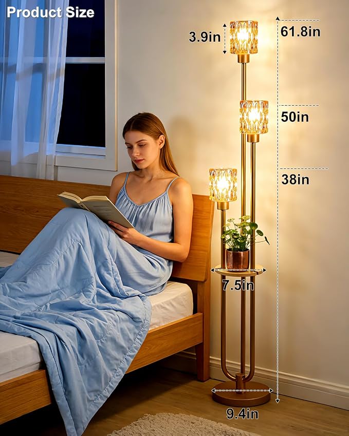 Lightdot 3-Lights Glass Floor Lamp for Living Room Modern Gold Floor Lamp with Amber Glass Shade for Wedding/Party Farmhouse Tall Standing Lamp with 5Lb Heavy Base for Bedroom/Sofa Beside/Corner Decor