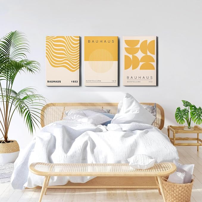 Geometric Line Wall Art Abstract Shape Prints Bauhaus 1923 Poster Beige and Yellow Wall Art Mid Century Modern Artwork Bauhaus Exhibition Poster Boho Modern Pictures for Home 16x24inch Wood Framed