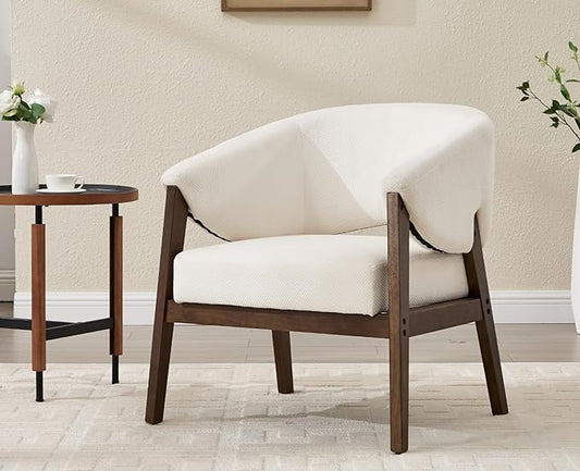 CIMOTA Mid-Century Modern Accent Chair, Comfy Barrel Armchair with Wide Seat, Upholstered Lounge Chair with Walnut Wood Legs for Living Room/Bedroom/Reading Corner, Chenille, Beige, 1PC