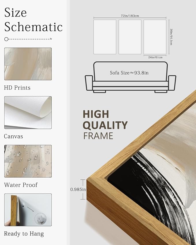 KUVIOKE Modern Abstract Framed Wall Art Black Neutral Minimalist Ink and Wash Graffiti Pastel Wall Decor for Bedroom Living Room 24x36in (Natural Framed)