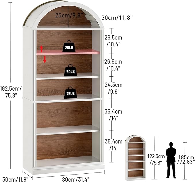 RALGEND Arched Bookshelf, 75.8" Tall Arch Bookcase with Storage, 6-Tier Farmhouse Book Shelf, Arched Cabinet, Wooden Bookshelf with Open Display Shelves, Adjustable Shelf, Office, Walnut and White