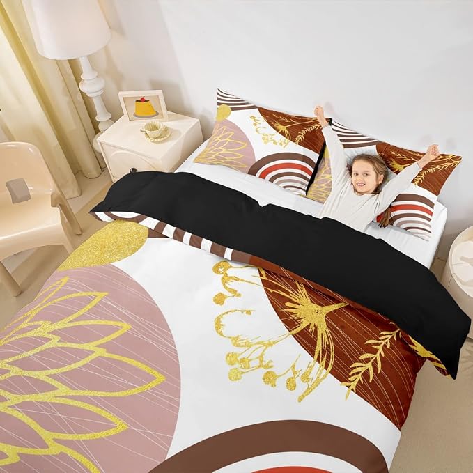 Erosebridal Mid Century Modern Duvet Cover King Size for Kids Teens Adults - Pink Brown Abstract Comforter Cover Boho Minimalist Aesthetic Bedding Set Chic Modern Geometric Bohemian Floral Bed Set