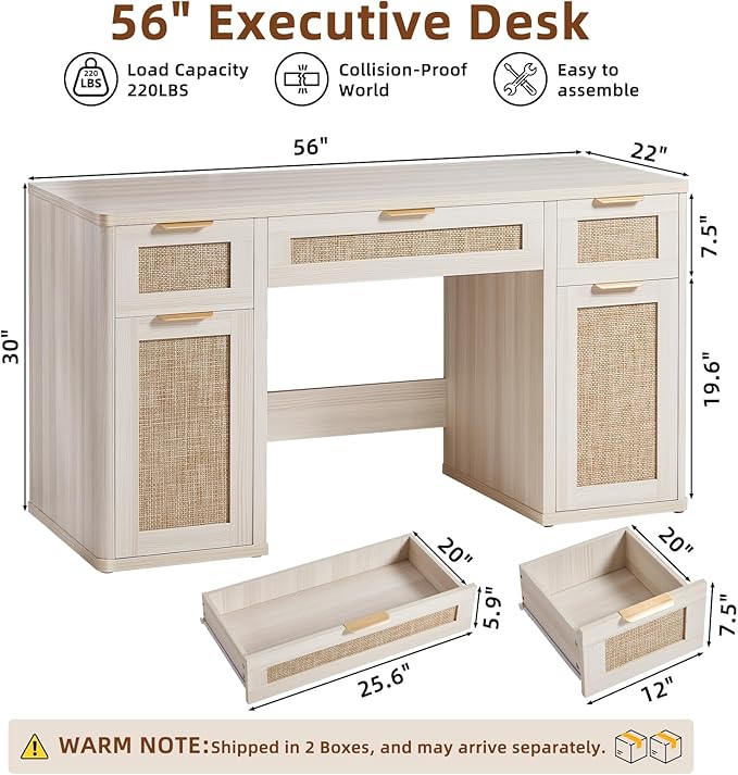 LEYAOYAO 56'' Rattan Farmhouse Executive Desk with Drawers, Wood Home Office Desk with File Cabinet and Metal Handles, Large Vintage Computer Desk for Home, Bedroom, Living Room （Grey）