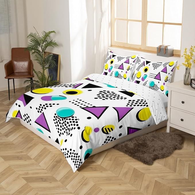 Memphis Geometric Pattern Comforter Cover Set King Size,Retro Style Round Half Moon Triangle Shapes Artwork Duvet Cover Colorful Graphic 80s 90S Style Bedding Set Abstract 1990S Memphis Home Decor