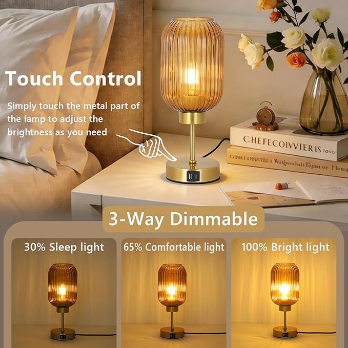 Vintage Gold Touch Table Lamp, Small Desk Lamp with Amber Glass Shade, Bulb, Charging Port, Mid Century Modern Bedside Lamp, 3 Way Dimmable Nightstand Lamp for Bedroom Living Room Home Office