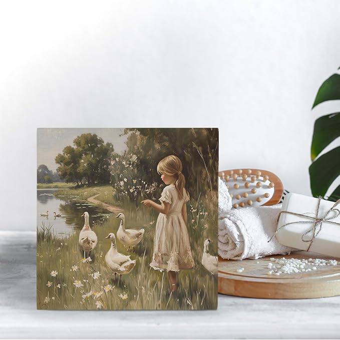 Vintage Rustic Girl and Goose Wooden Box Sign Desk Decor, Moody Countryside Cottagecore Wildflower Goose Wood Signs for Home Office Desk Table Shelf Decorations, 5x5 Inch