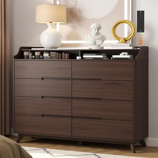 Dresser for Bedroom with 8 Drawers, 55" Large Dresser & Chest of Drawers with Charging Station, Wood Closet Clothes Storage Tall Dressers Organizer for Bedroom Living Room Hallway, Brown