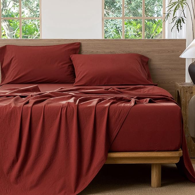 MooMee Bedding Sheet Set 100% Washed Cotton Linen Like Textured Breathable Durable Soft Comfy (Solid Fired Brick Red, Queen)