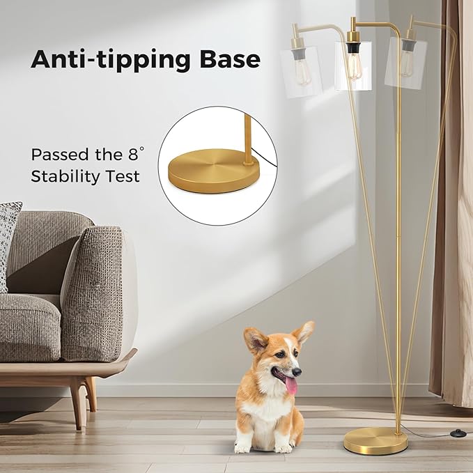 Tangkula Industrial Floor Lamp, Modern Standing Lamp with Hanging Glass Lampshade & Foot Switch, Tall Pole Light with E26 Standard Base for Living Room, Bedroom & Office (Gold, 1-Light)