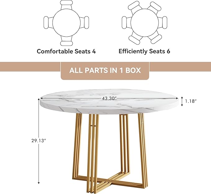 Round Dining Table for 4, 43.3-Inch Faux Marble Kitchen Table, Modern Circle Dinner Table with Metal Base for Dining Room, Kitchen, Breakfast Nook, Apartment, Small Spaces, White and Gold