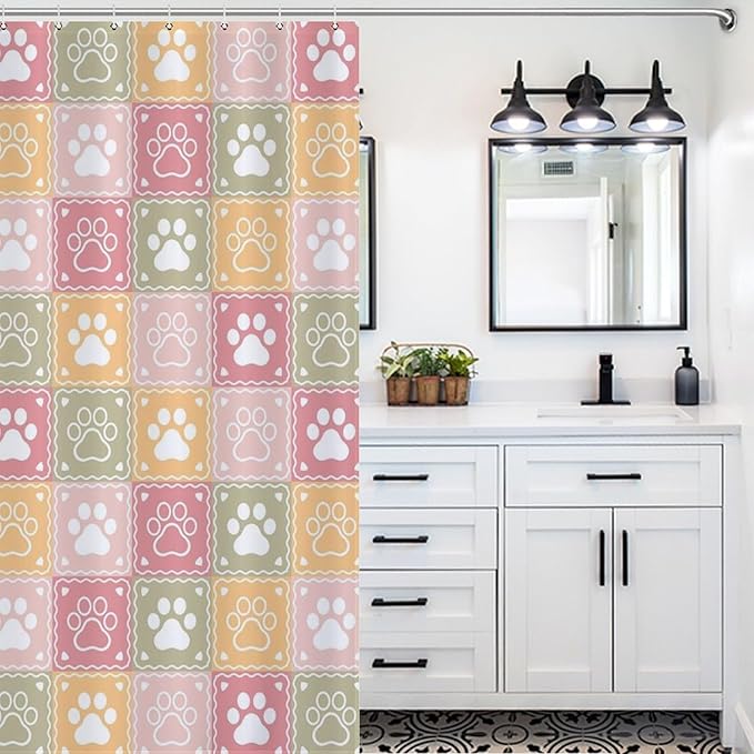 Paw Shower Curtain Cartoon Animal Colorful Checkered Footprints Pattern Duty Fabric Shower Curtains Set Bathroom Polyester Waterproof with 12 Hooks, 55x72Inch（140x183cm）