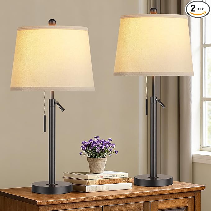 PARTPHONER Bedside Table Lamps Set of 2, Tall Black Table Lamps for Living Room, Height Adjustable Nightstand Lamps for Bedroom, Modern Lamps with Pull Chain for End Table Office(LED Bulbs Included)