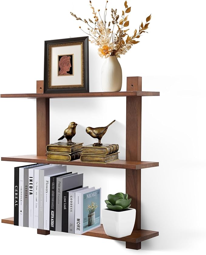 PHOENANCEE 3 Tier Floating Shelves,Long Wall Shelf,Over The Toilet Shelves Bathroom Hanging Display Storage Rustic for Living Room Bedroom Kitchen Office Coffee Bar Decor Decorative,24 Inch,(Walnut)